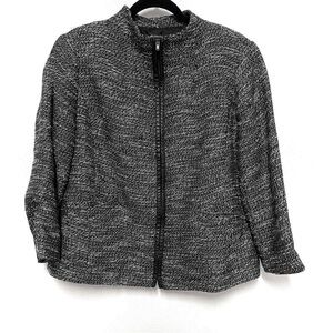 Eileen Fisher Grey Black Tweed Linen Blend Leather Trim Jacket
